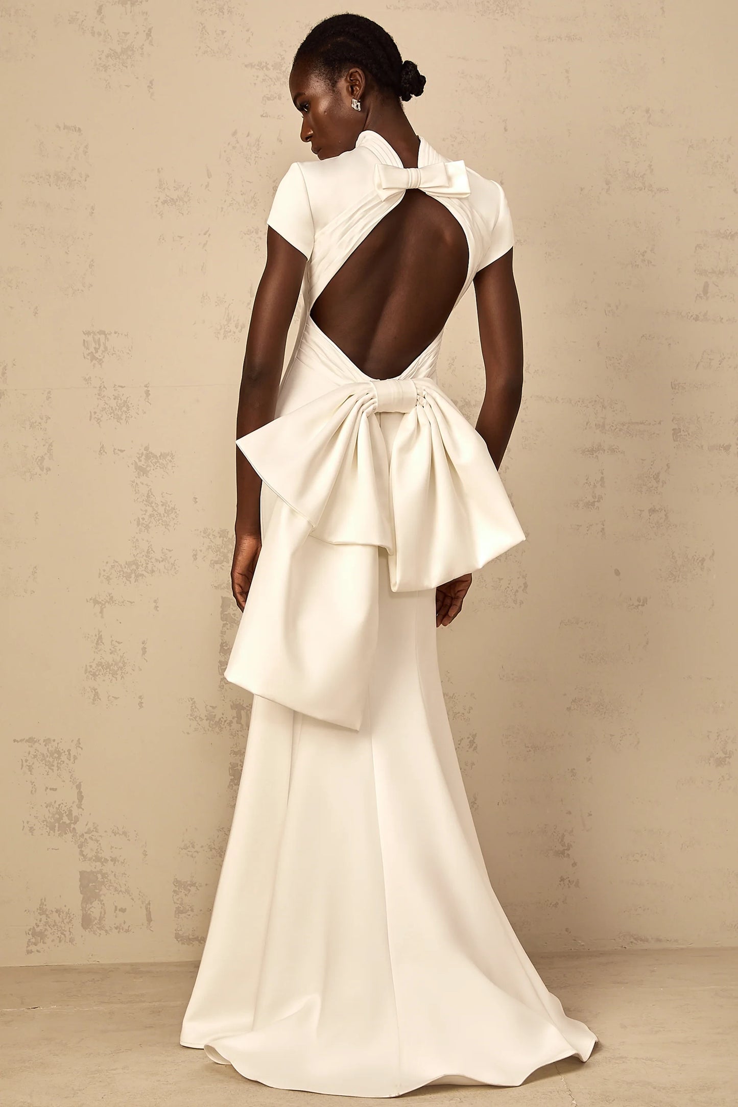 Sophisticated Satin Sheath High Neck Cap Sleeve Open Back Bow Detail Floor-Length Evening Dresses