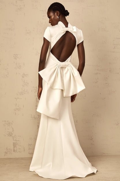 Sophisticated Satin Sheath High Neck Cap Sleeve Open Back Bow Detail Floor-Length Evening Dresses