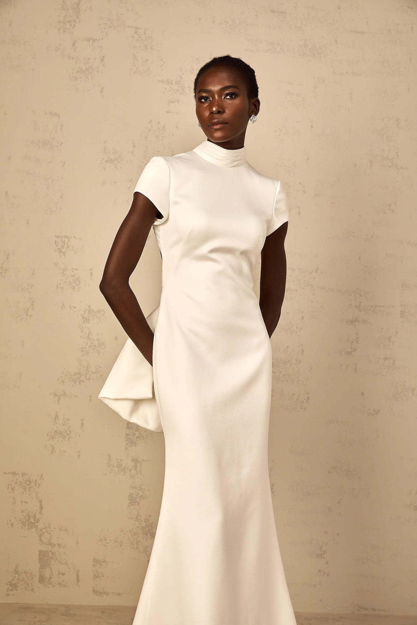 Sophisticated Satin Sheath High Neck Cap Sleeve Open Back Bow Detail Floor-Length Evening Dresses