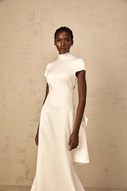 Sophisticated Satin Sheath High Neck Cap Sleeve Open Back Bow Detail Floor-Length Evening Dresses