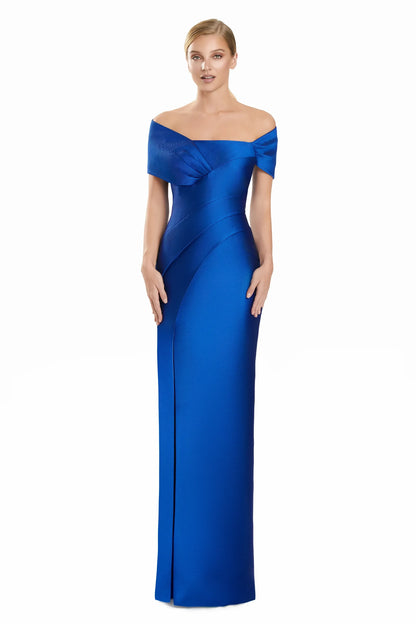 Sophisticated Satin Sheath Off-Shoulder Short Sleeve Button Back Floor-Length Mother of the Bride Dresses