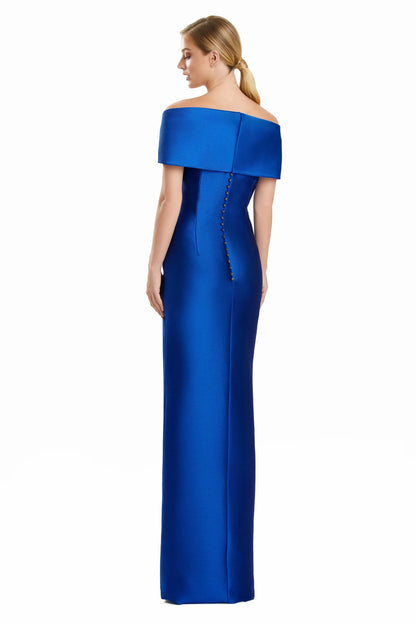 Sophisticated Satin Sheath Off-Shoulder Short Sleeve Button Back Floor-Length Mother of the Bride Dresses