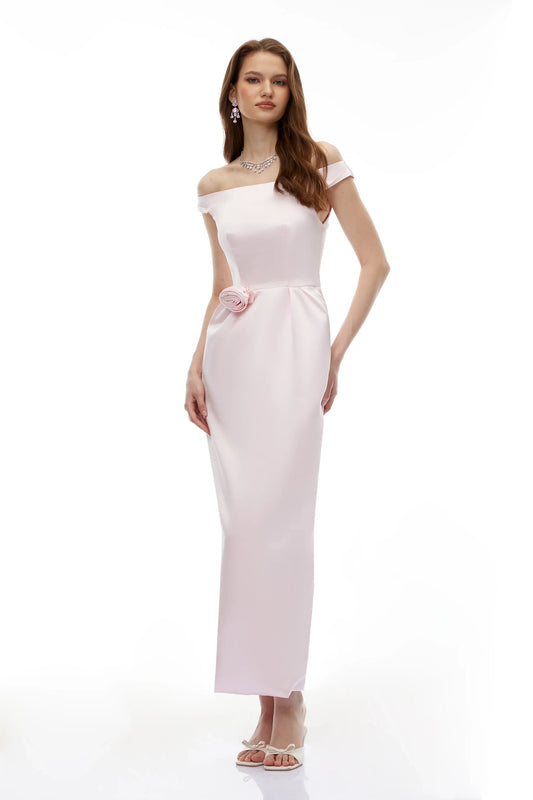Elegant Satin Sheath Off-Shoulder Short Sleeve Pink Maxi Evening Dress with Floral Detail