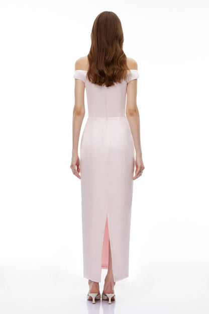 Sophisticated Satin Sheath Off-Shoulder Short Sleeve Zipper Back Maxi Evening Dresses with 3D Floral Detail