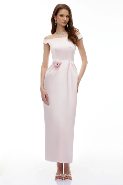 Sophisticated Satin Sheath Off-Shoulder Short Sleeve Zipper Back Maxi Evening Dresses with 3D Floral Detail