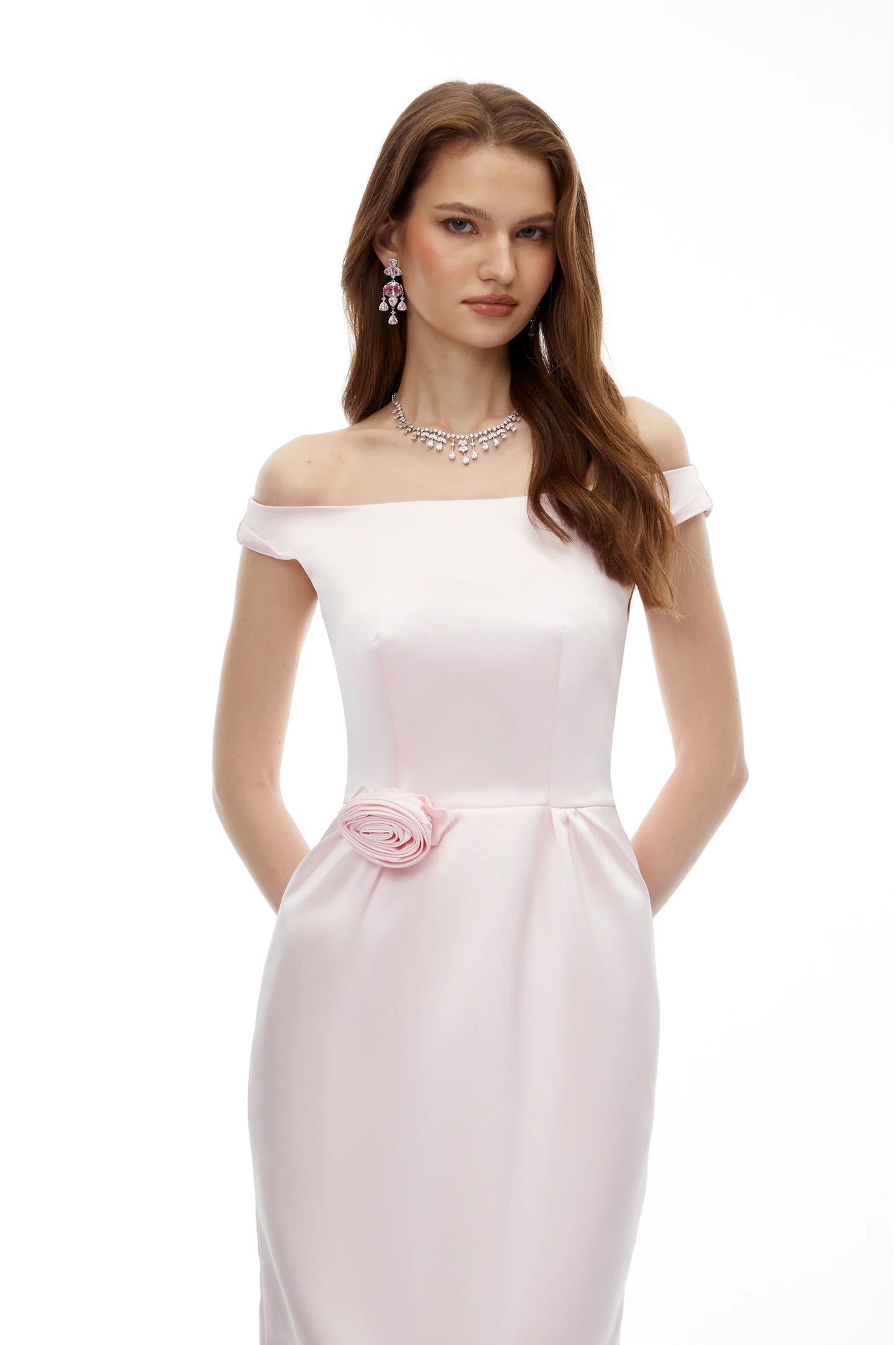 Sophisticated Satin Sheath Off-Shoulder Short Sleeve Zipper Back Maxi Evening Dresses with 3D Floral Detail