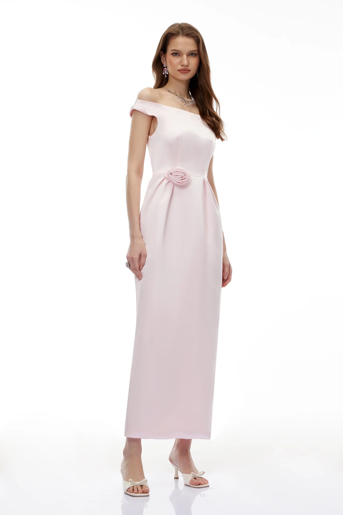 Sophisticated Satin Sheath Off-Shoulder Short Sleeve Zipper Back Maxi Evening Dresses with 3D Floral Detail