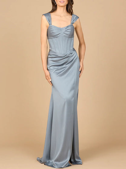 Sophisticated Satin Sheath Sweetheart Neck Cap Sleeve Open Back Floor Length Evening Dresses