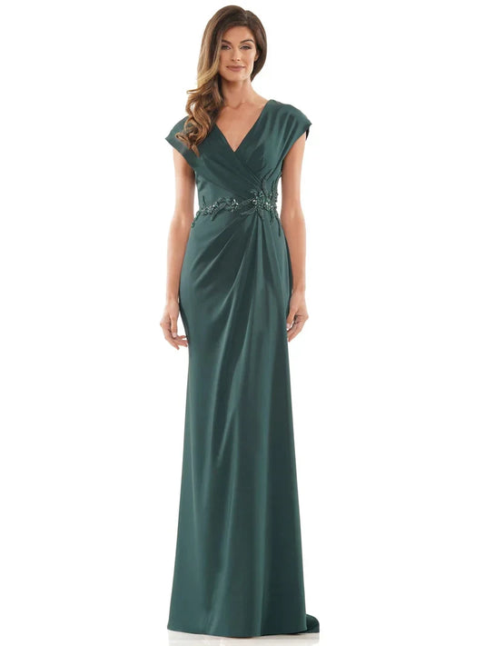 Sophisticated Satin Sheath V-Neck Cap Sleeves Zipper Back Floor-Length Evening Dresses