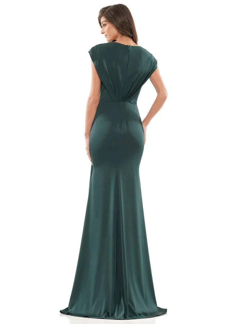 Sophisticated Satin Sheath V-Neck Cap Sleeves Zipper Back Floor-Length Evening Dresses