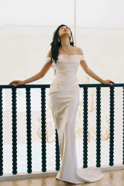 Sophisticated Simple Satin Sheath Off-the-Shoulder Short Sleeves Zipper Back Floor-Length Wedding Dresses