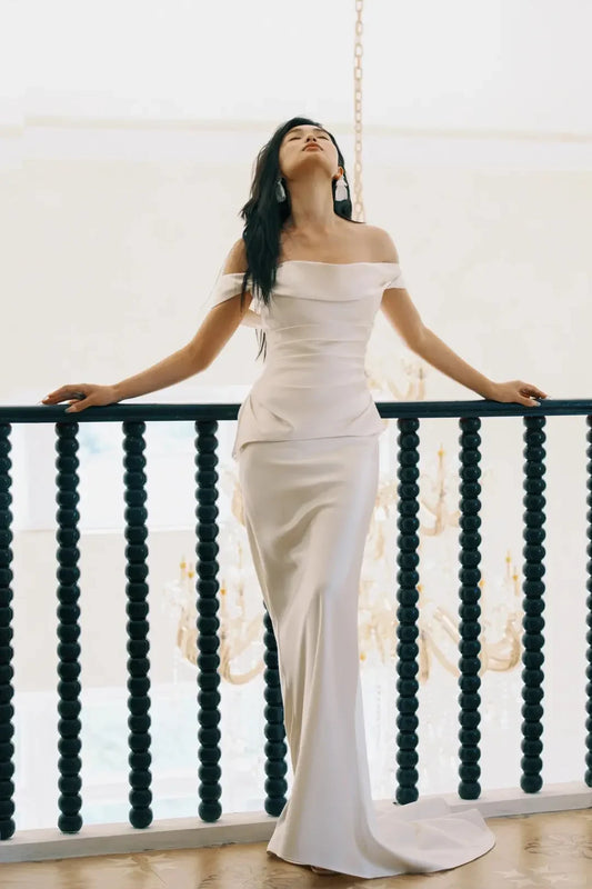 Sophisticated Simple Satin Sheath Off-the-Shoulder Short Sleeves Zipper Back Floor-Length Wedding Dresses