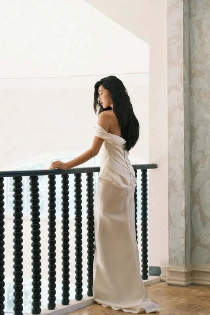 Sophisticated Simple Satin Sheath Off-the-Shoulder Short Sleeves Zipper Back Floor-Length Wedding Dresses