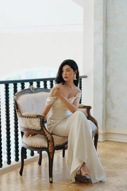 Sophisticated Simple Satin Sheath Off-the-Shoulder Short Sleeves Zipper Back Floor-Length Wedding Dresses