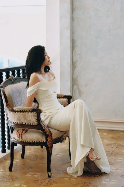 Sophisticated Simple Satin Sheath Off-the-Shoulder Short Sleeves Zipper Back Floor-Length Wedding Dresses