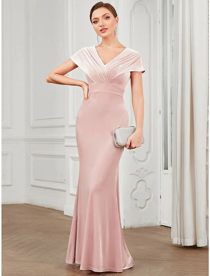 Sophisticated Velvet Mermaid V-Neck Cap Sleeves Low V-Back Floor-Length Prom Dresses