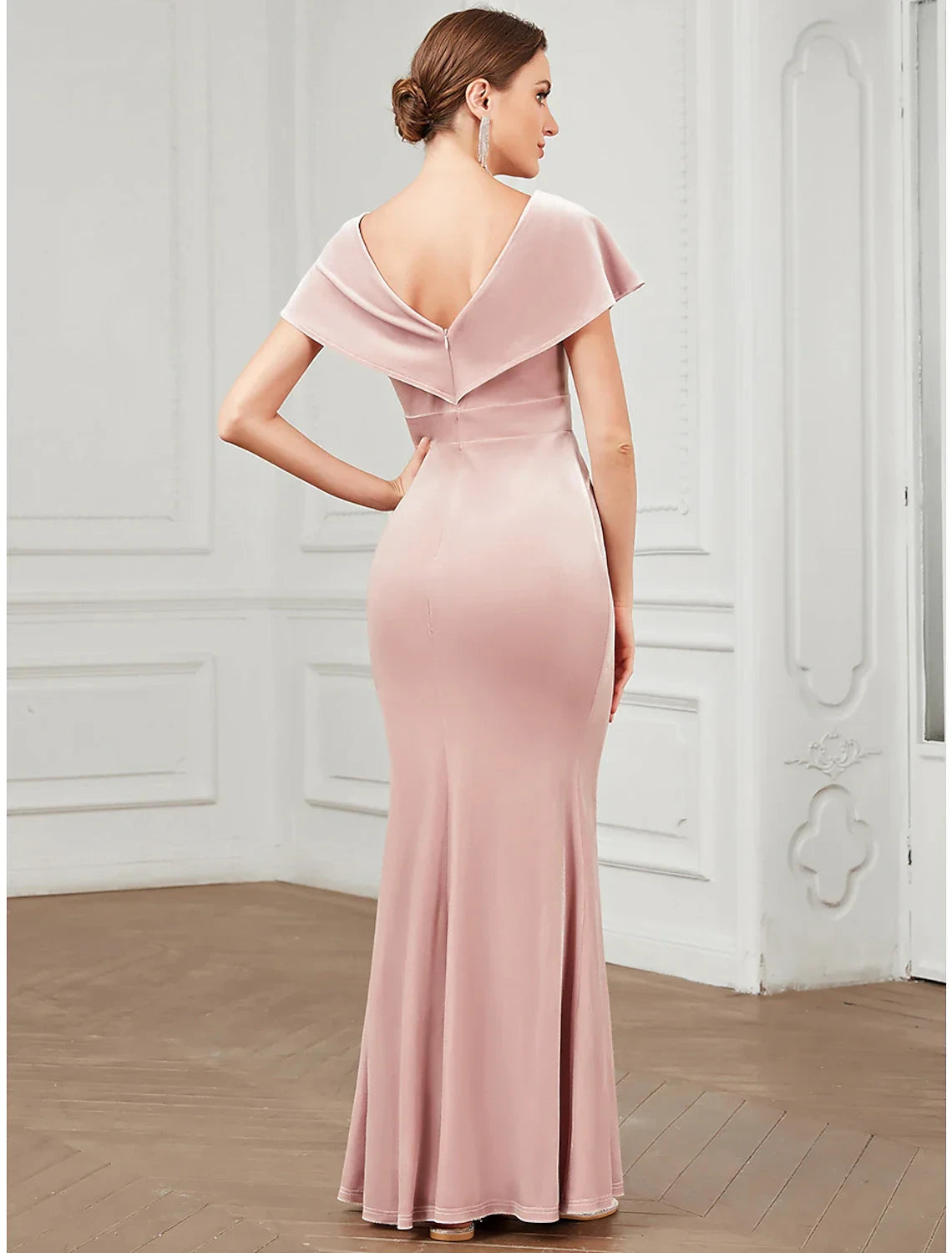 Sophisticated Velvet Mermaid V-Neck Cap Sleeves Low V-Back Floor-Length Prom Dresses