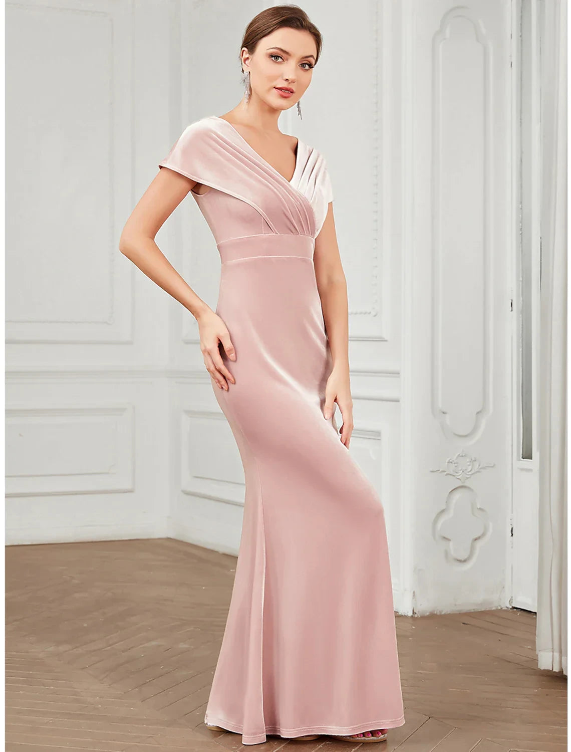 Sophisticated Velvet Mermaid V-Neck Cap Sleeves Low V-Back Floor-Length Prom Dresses