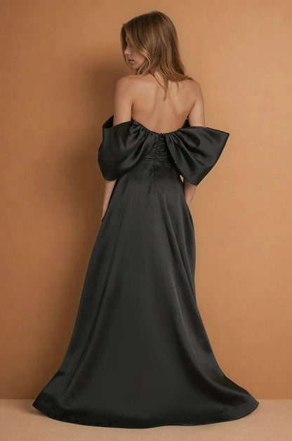 Sophisticated satin a line off shoulder puffed sleeve open back floor length evening dress with ruched waist