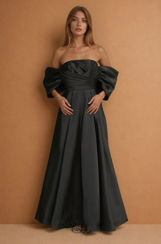 Sophisticated satin a line off shoulder puffed sleeve open back floor length evening dress with ruched waist
