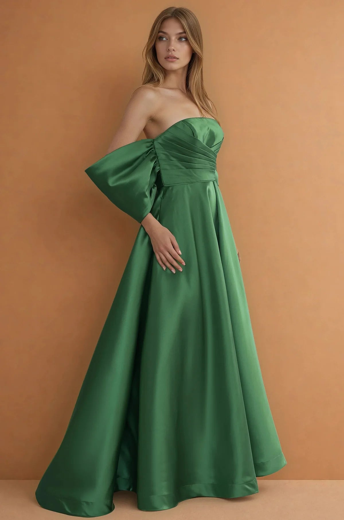 Sophisticated satin a line off shoulder puffed sleeve open back floor length evening dress with ruched waist
