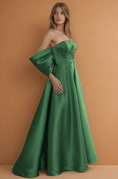 Sophisticated satin a line off shoulder puffed sleeve open back floor length evening dress with ruched waist