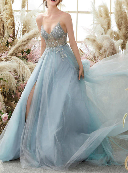 Spaghetti Straps V Neck Tulle Prom Dress With Appliques A Line Long Formal Dress With Beads