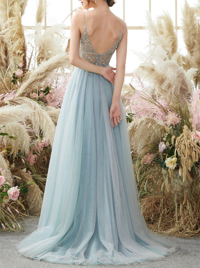 Spaghetti Straps V Neck Tulle Prom Dress With Appliques A Line Long Formal Dress With Beads
