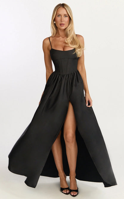 Spaghetti Strap Corset Bodice A-Line Slit Floor Length Evening Dress