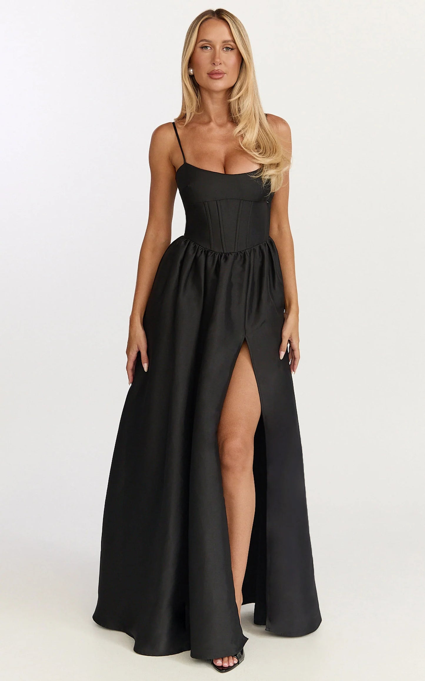 Spaghetti Strap Corset Bodice A-Line Slit Floor Length Evening Dress