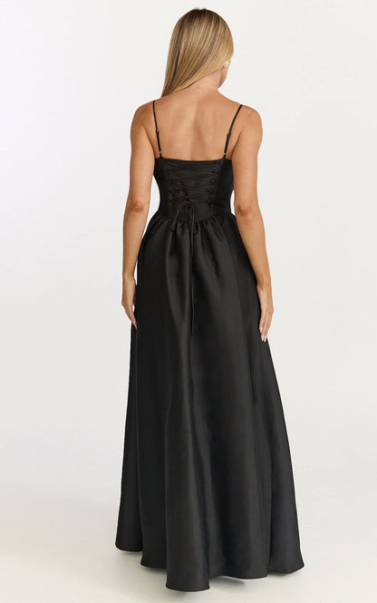 Spaghetti Strap Corset Bodice A-Line Slit Floor Length Evening Dress