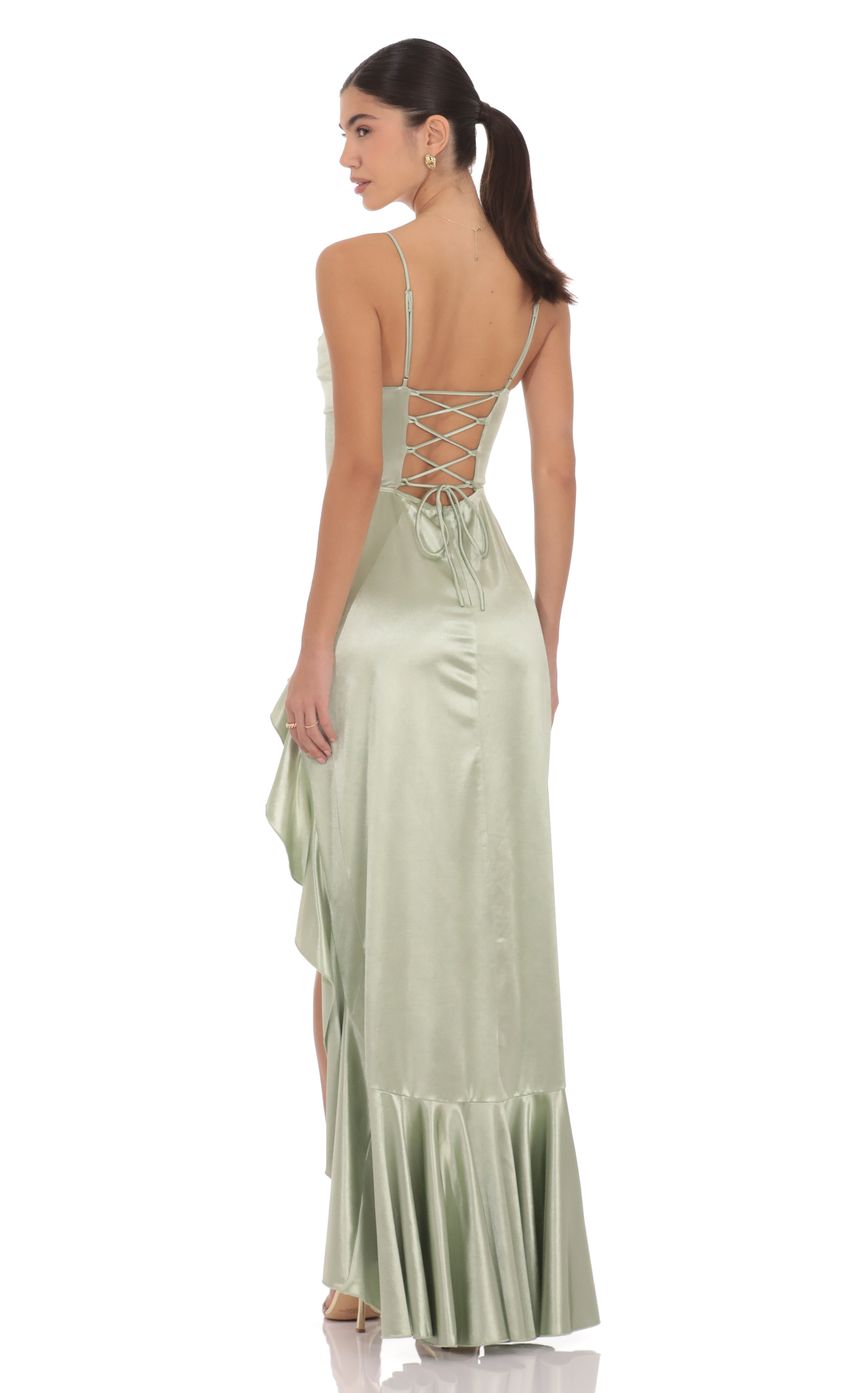 Spaghetti Strap Cowl Neck Lace-up Back Satin Evening Dresses with Tiered Ruffle High Slit