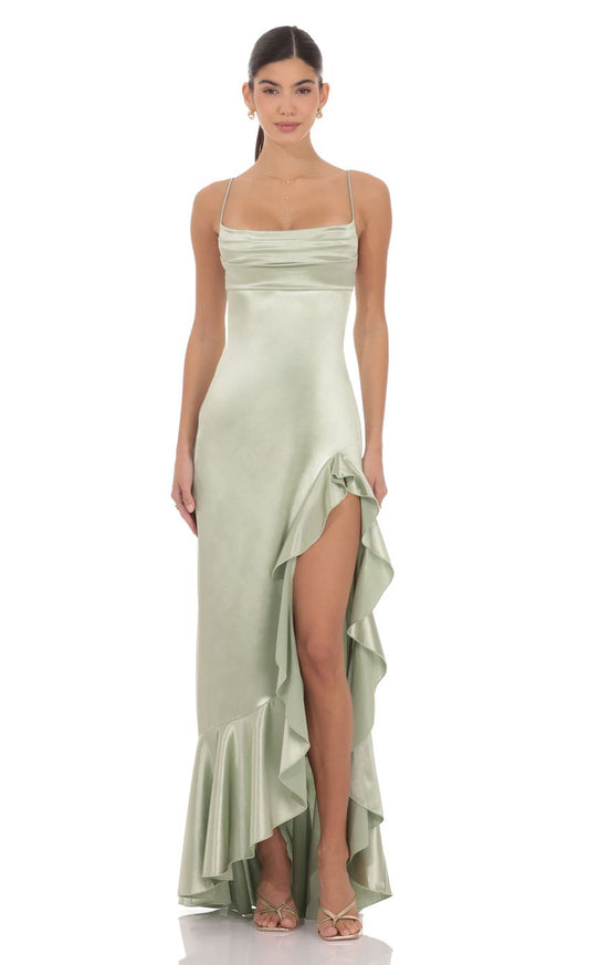 Spaghetti Strap Cowl Neck Lace-up Back Satin Evening Dresses with Tiered Ruffle High Slit