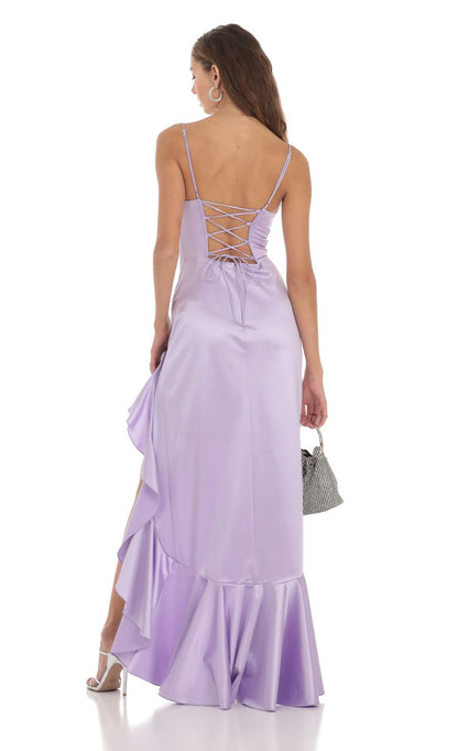 Spaghetti Strap Cowl Neck Lace-up Back Satin Evening Dresses with Tiered Ruffle High Slit