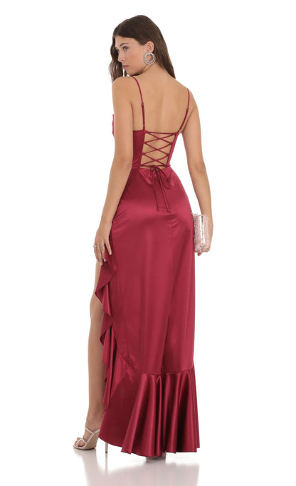 Spaghetti Strap Cowl Neck Lace-up Back Satin Evening Dresses with Tiered Ruffle High Slit