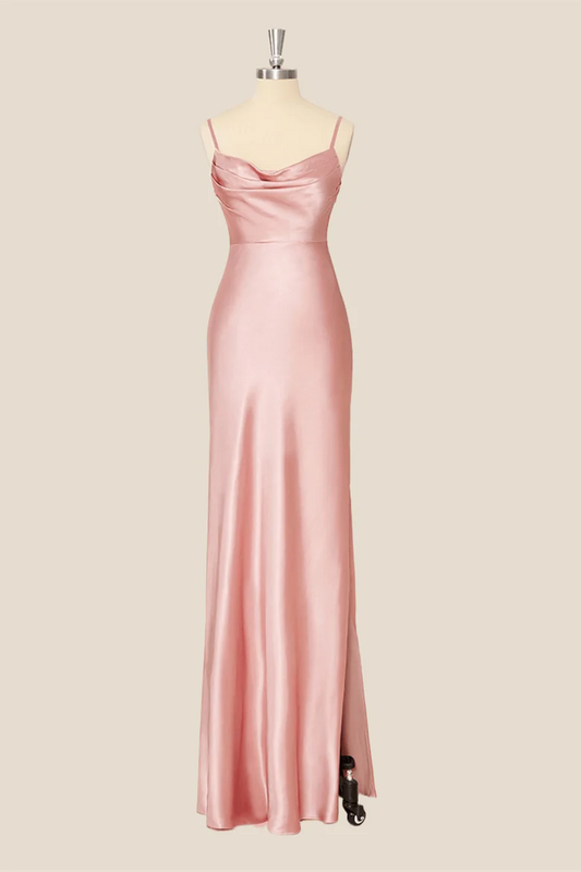 Spaghetti Strap Cowl Neck Satin Mermaid Evening Dress with Slit