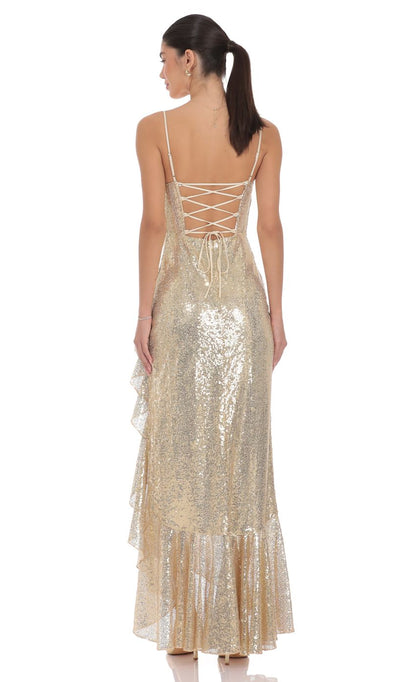 Spaghetti Strap Cowl Neck Sequin Evening Dresses with Lace-up Back, Tiered Ruffle and High Slit