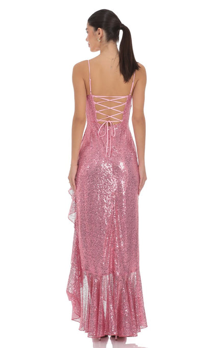 Spaghetti Strap Cowl Neck Sequin Evening Dresses with Lace-up Back, Tiered Ruffle and High Slit