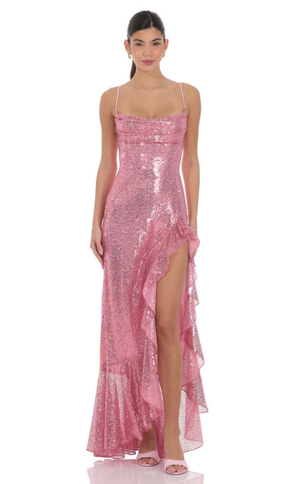 Spaghetti Strap Cowl Neck Sequin Evening Dresses with Lace-up Back, Tiered Ruffle and High Slit