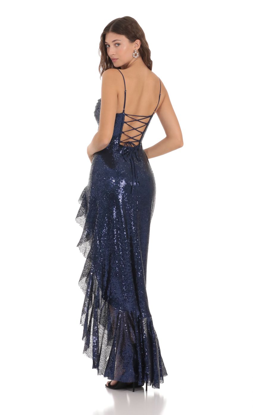 Spaghetti Strap Cowl Neck Sequin Evening Dresses with Lace-up Back, Tiered Ruffle and High Slit