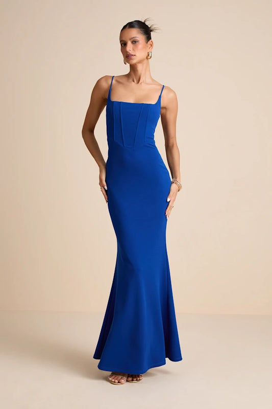 Spaghetti Strap Crepe Evening Dresses with Corset Bodice, Mermaid Skirt and Floor-Length Formal Gown