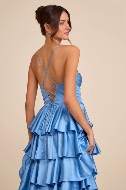 Spaghetti Strap Satin Evening Dresses with Tiered Ruffle Skirt, Lace-Up Back and High Slit Formal Gown