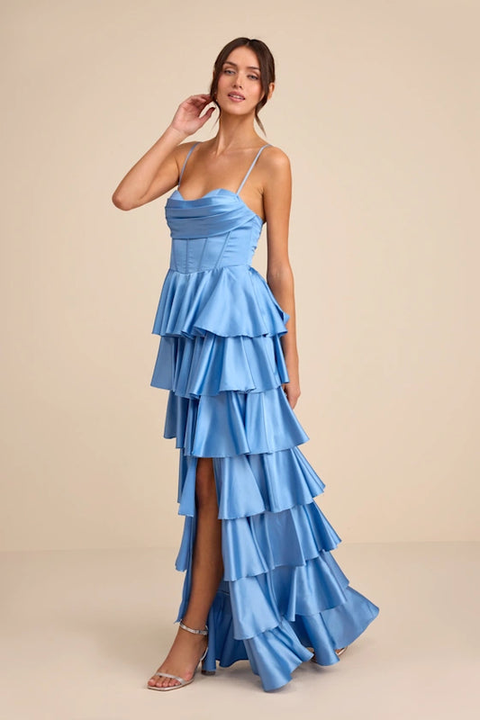 Spaghetti Strap Satin Evening Dresses with Tiered Ruffle Skirt, Lace-Up Back and High Slit Formal Gown
