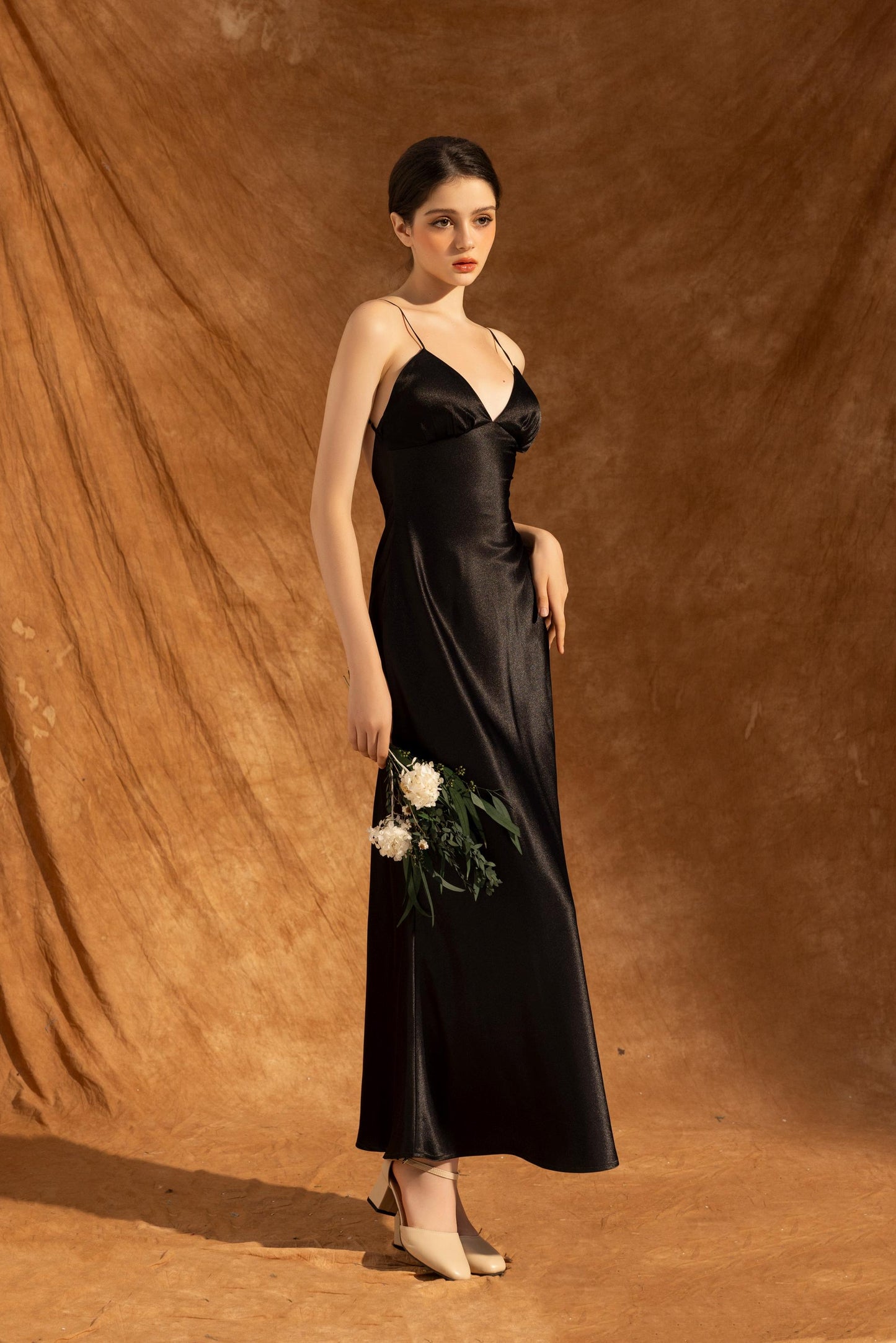 Spaghetti Strap Satin Evening Dress with Deep V-Back, Floor-Length Skirt and Fitted Silhouette