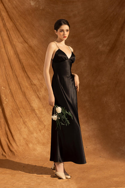 Spaghetti Strap Satin Evening Dress with Deep V-Back, Floor-Length Skirt and Fitted Silhouette