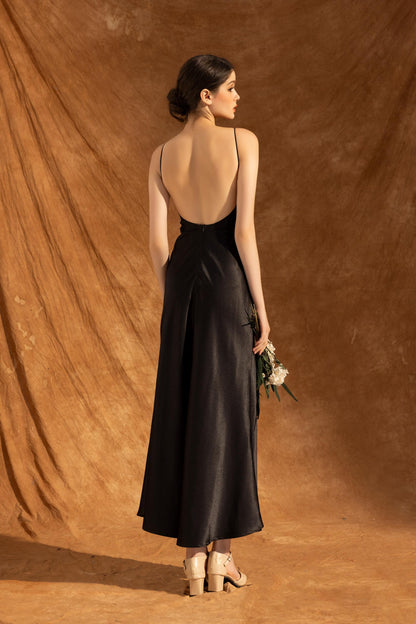 Spaghetti Strap Satin Evening Dress with Deep V-Back, Floor-Length Skirt and Fitted Silhouette