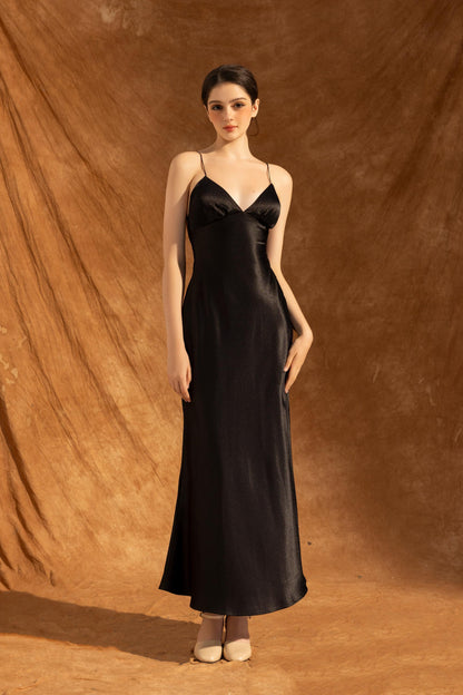 Spaghetti Strap Satin Evening Dress with Deep V-Back, Floor-Length Skirt and Fitted Silhouette