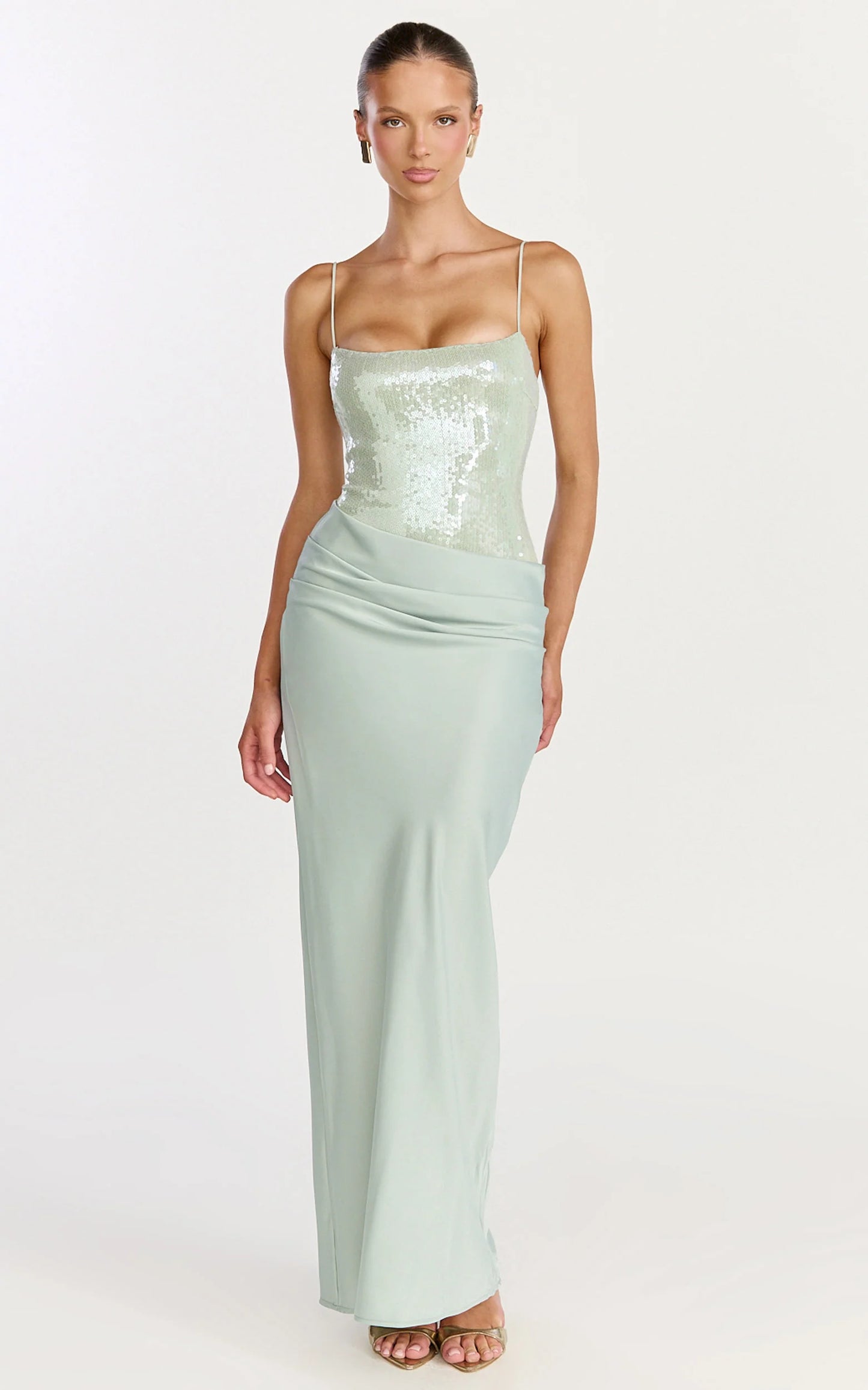 Glamorous Sequin Satin Sheath Ruched Spaghetti Strap Floor-Length Evening Dress