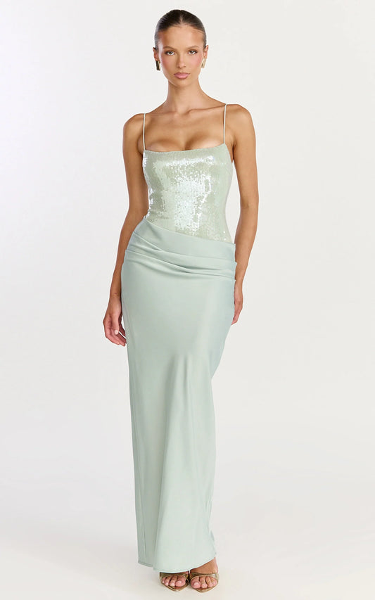 Spaghetti Strap Sequin Bodice Ruched Satin Skirt Floor Length Evening Dress