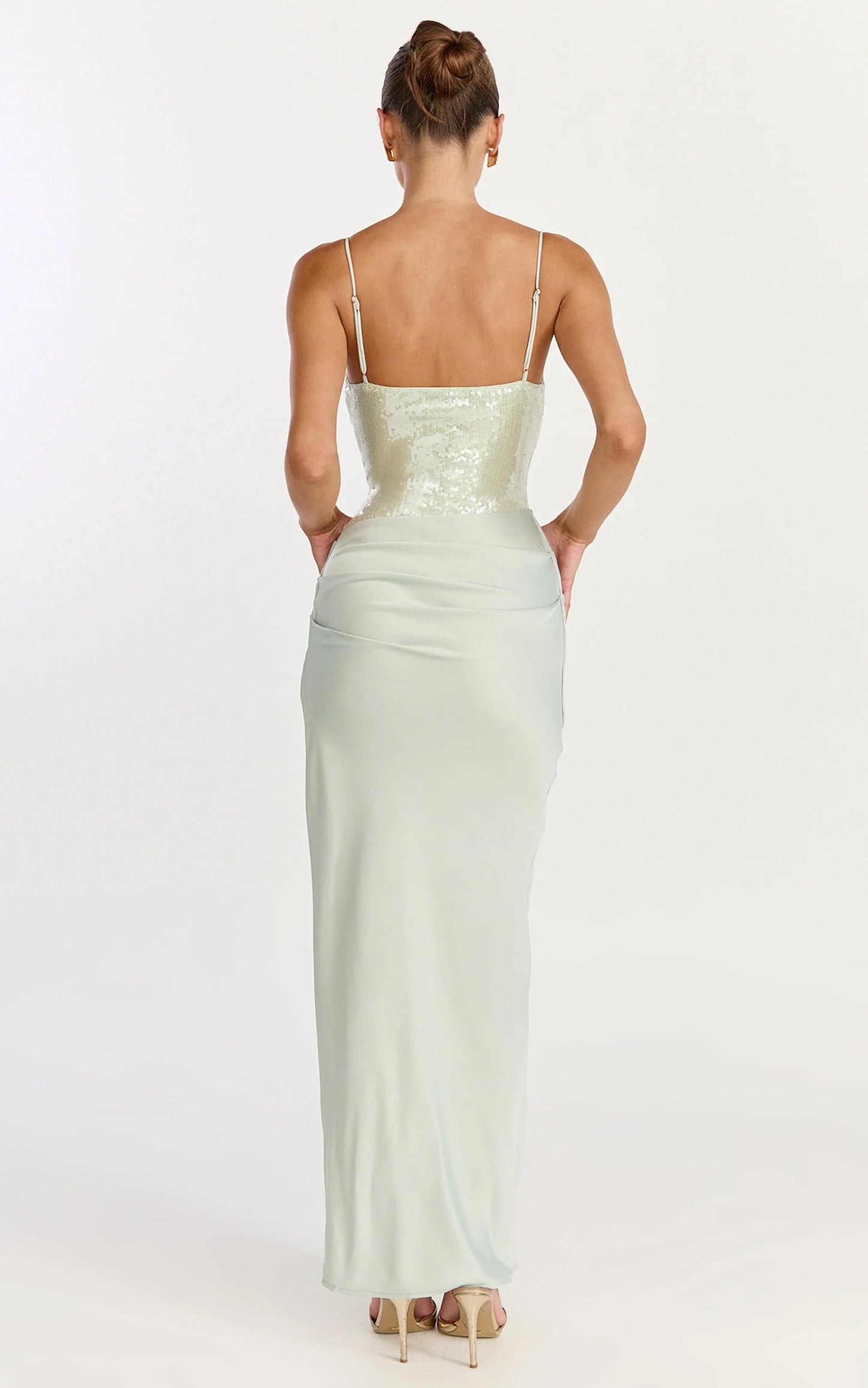 Glamorous Sequin Satin Sheath Ruched Spaghetti Strap Floor-Length Evening Dress